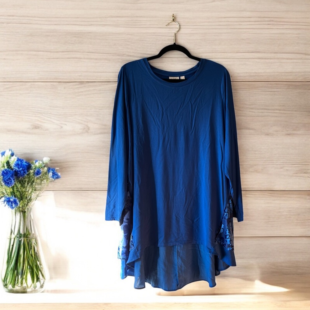LOGO Lori Goldstein Royal Blue Top with Raised Velvety Floral Overlay at Back